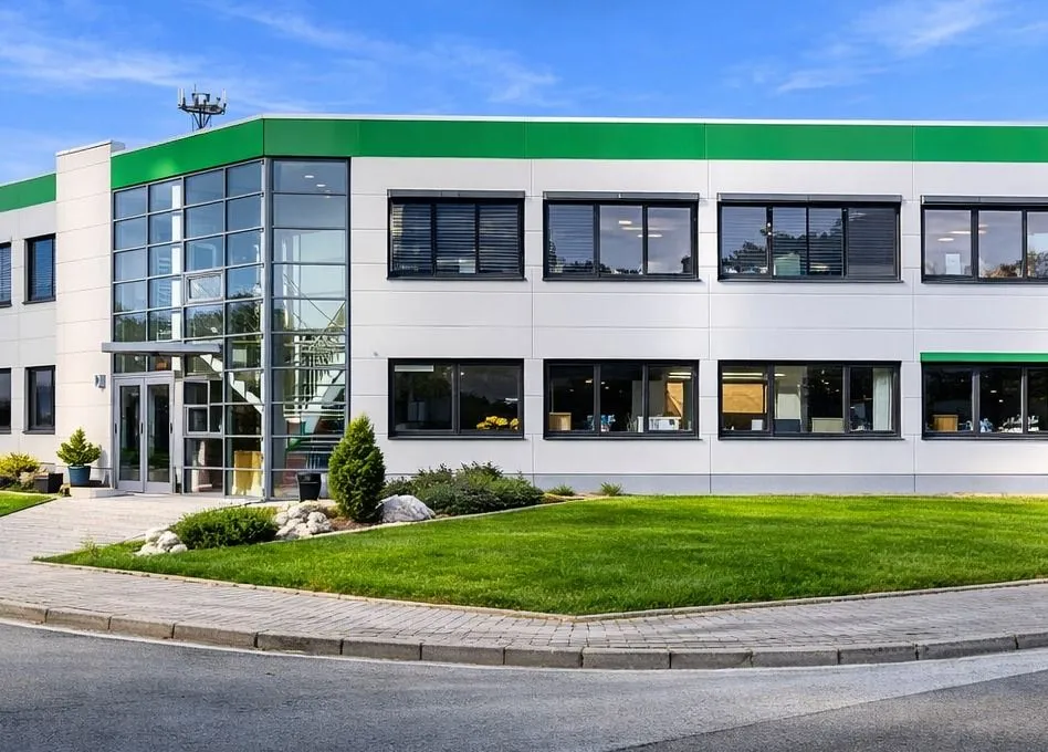 Der Firmensitz der HANSA BAS GmbH in Lübeck: zweigeschossiges Bürogebäude mit grünem Fassadenband und verglastem Eingang.